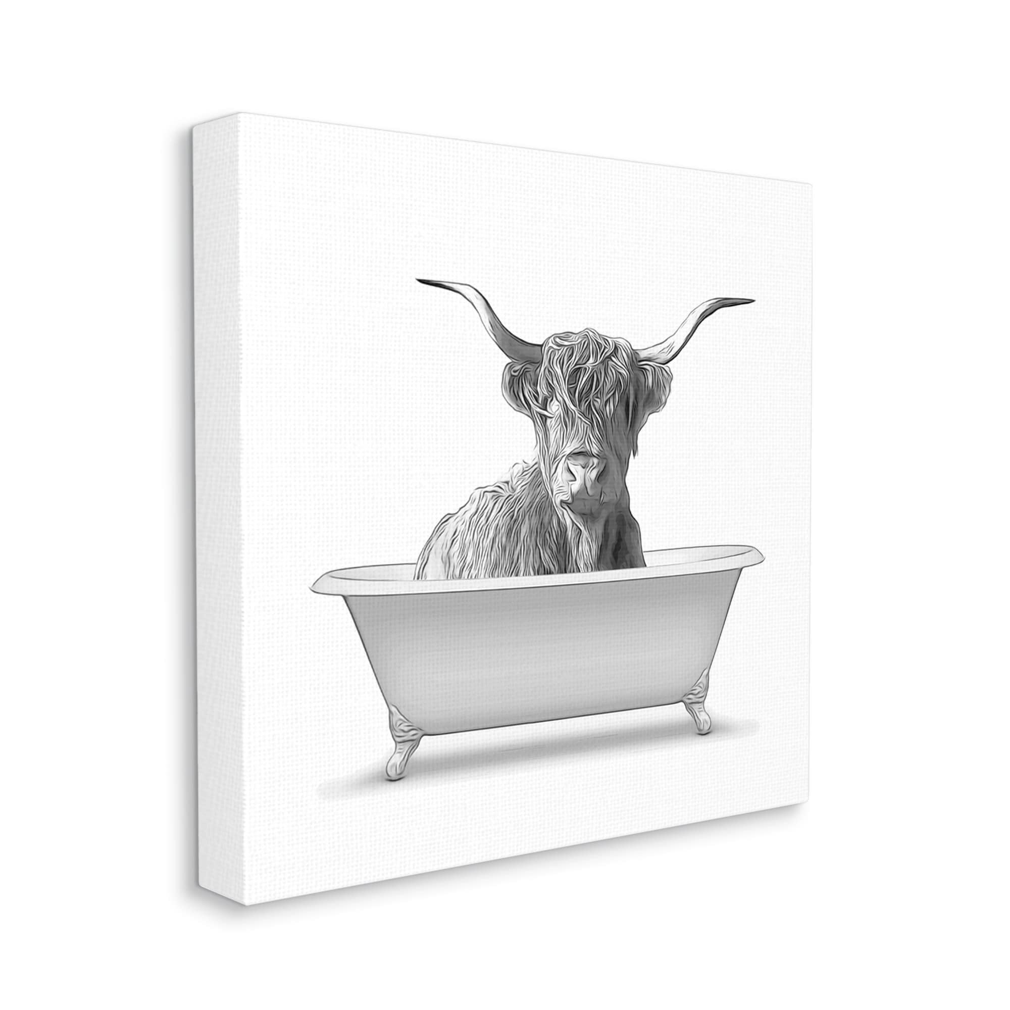 Stupell Industries Monochrome Longhorn Cattle Bathtub Vintage Farmhouse Novelty Painting Gallery-Wrapped Canvas Print Wall Art, 24 x 24, Design by Annalisa Latella