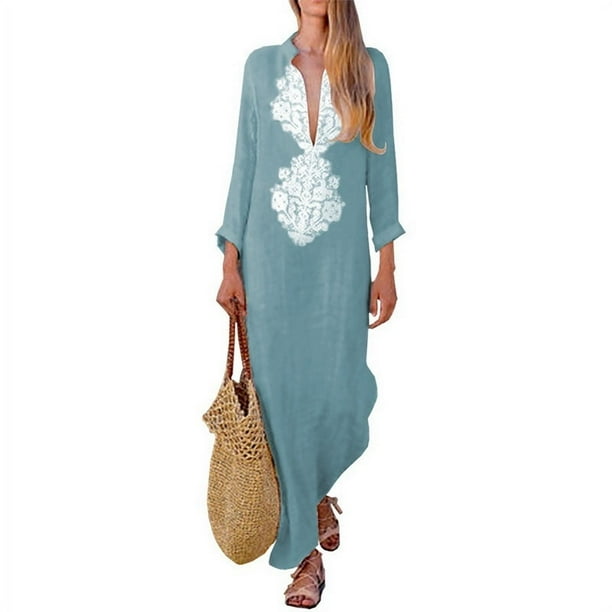 Womens Paisley Long Sleeve Long Maxi Dress Baggy Cotton Linen
