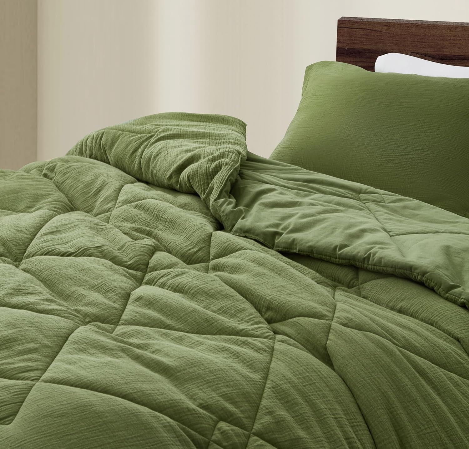 Chezmoi Collection Skye 3-Piece 100% Cotton Muslin Thin Comforter Set Queen, Olive Green Reversible Soft Washed Cotton Gauze Breathable Lightweight Summer Blanket