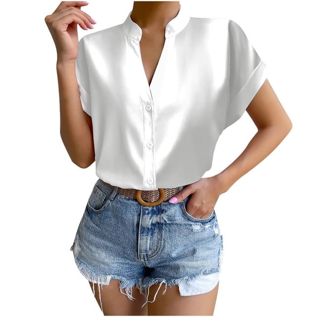 Birdeem Women Solid Color Tops Button V Neck T-Shirts Blouse