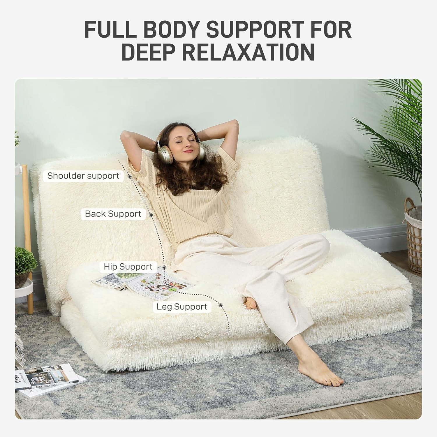 HOMCOM Bean Bag Chair Floor Sofa Bed for Adults, Thick Long Folding Sofa Bed 54 x102 in, Wall Couch Sleeper Chair Floor Mattress for Living Room, Cream White
