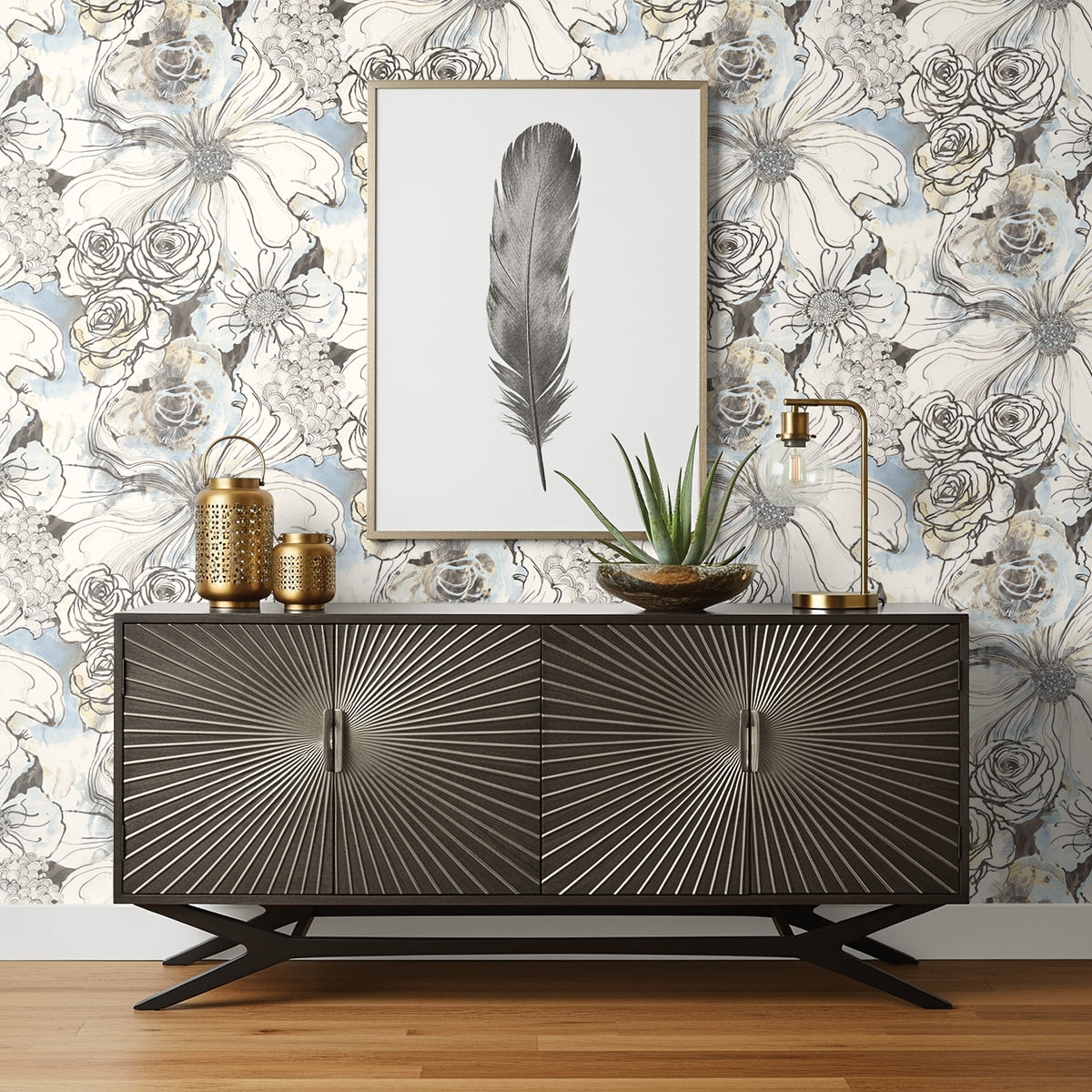 Harry & Grace Blue Mist & Stoneware Ink Rose Peel and Stick Wallpaper - 20.5 in. W x 18 ft. L Roll
