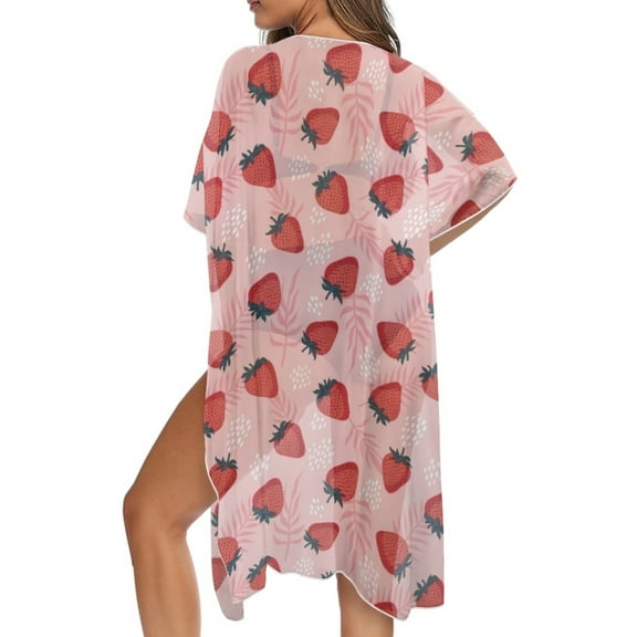DISNIMOWomen's Strawberry Print Kimono Cover Up Cardigan Casual Loose Coverups Summer Beach Long Swimsuit Cover ups for Hawaii Vacation