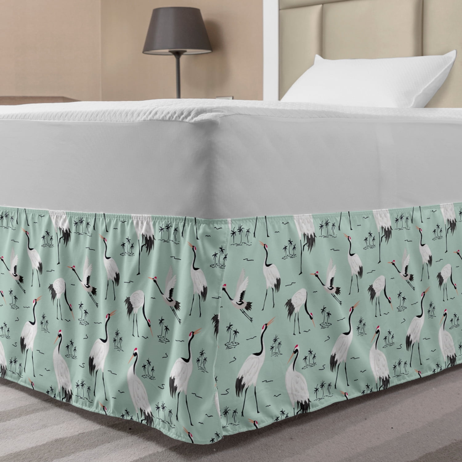 Bird Print Bed Skirt, Japanese Cranes and Exotic Trees, Elastic