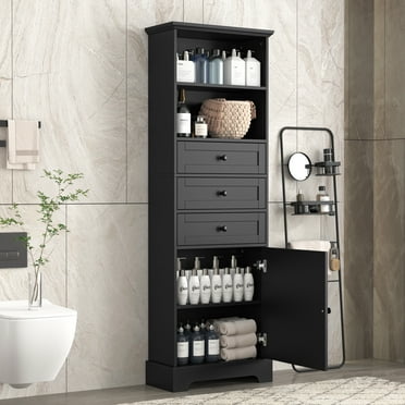 EUROCO Tall Storage Cabinet with 3 Drawers and Door,Slim Linen Tower Bathroom Organizer Adjustable Shelves,Black