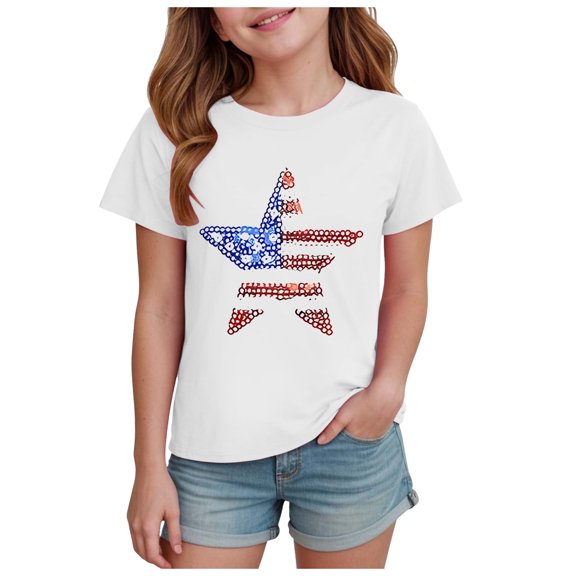 zaveiop American Star Flag Girls 4th of July Shirt USA Patriotic Kids Sequin T-Shirt for 2-14 Years (White, 7-8 Years)