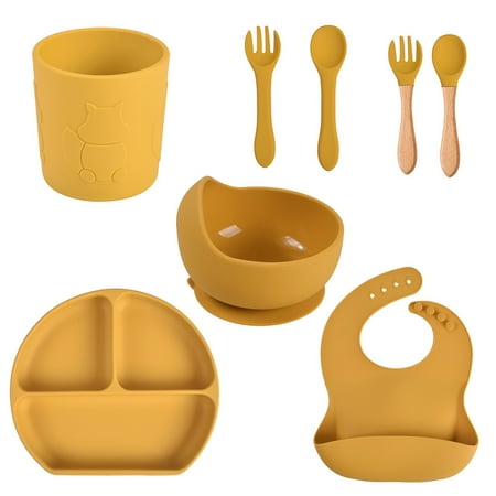 

CHAOMA 8 Pcs Baby Silicone Bib Divided Dinner Plate Sucker Bowl Spoon Fork Cup Set Training Feeding Food Utensil Dishes Tableware Kit for Newborn Toddlers Infants Dinnerware