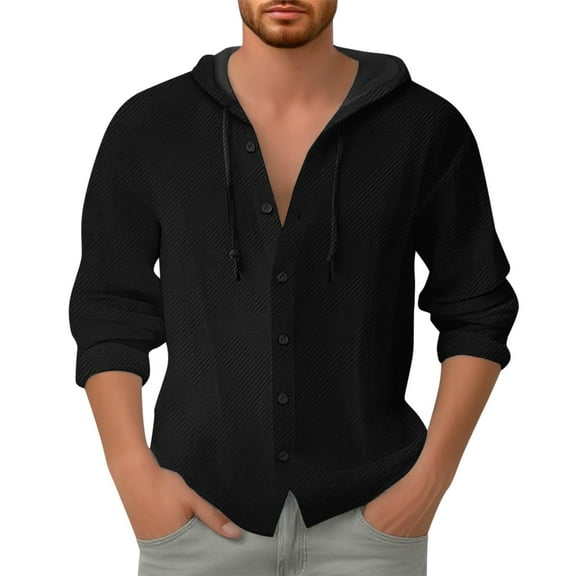 Afdoent Men's Shirts Male Spring Button Hooded Long Sleeve Jacket Cardigan Jacquard Solid Color Shirt Vacation Summer Beach Shirts
