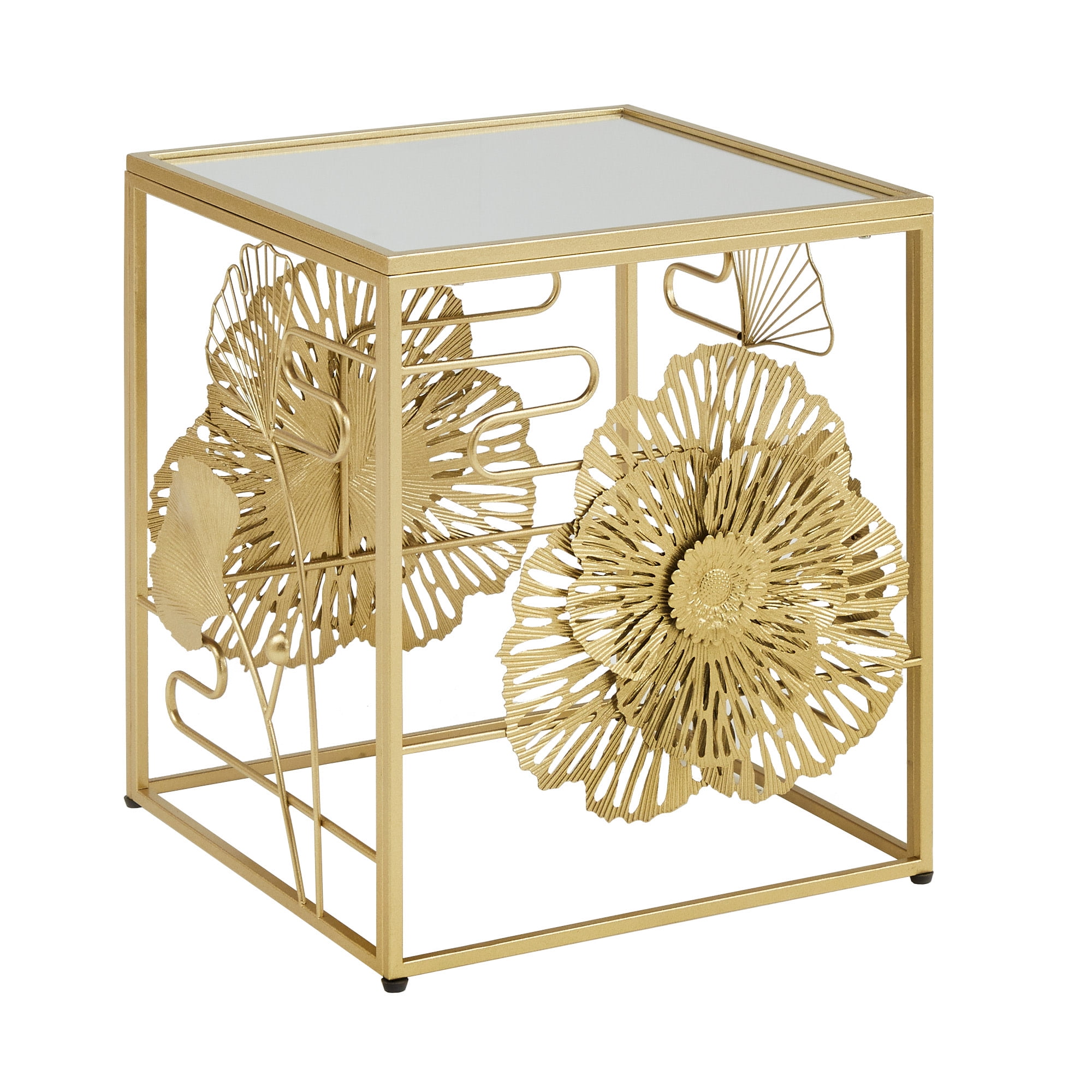 Weston Home Ditmas Gold Finish Peony and Ginkgo End Table with Mirror Top