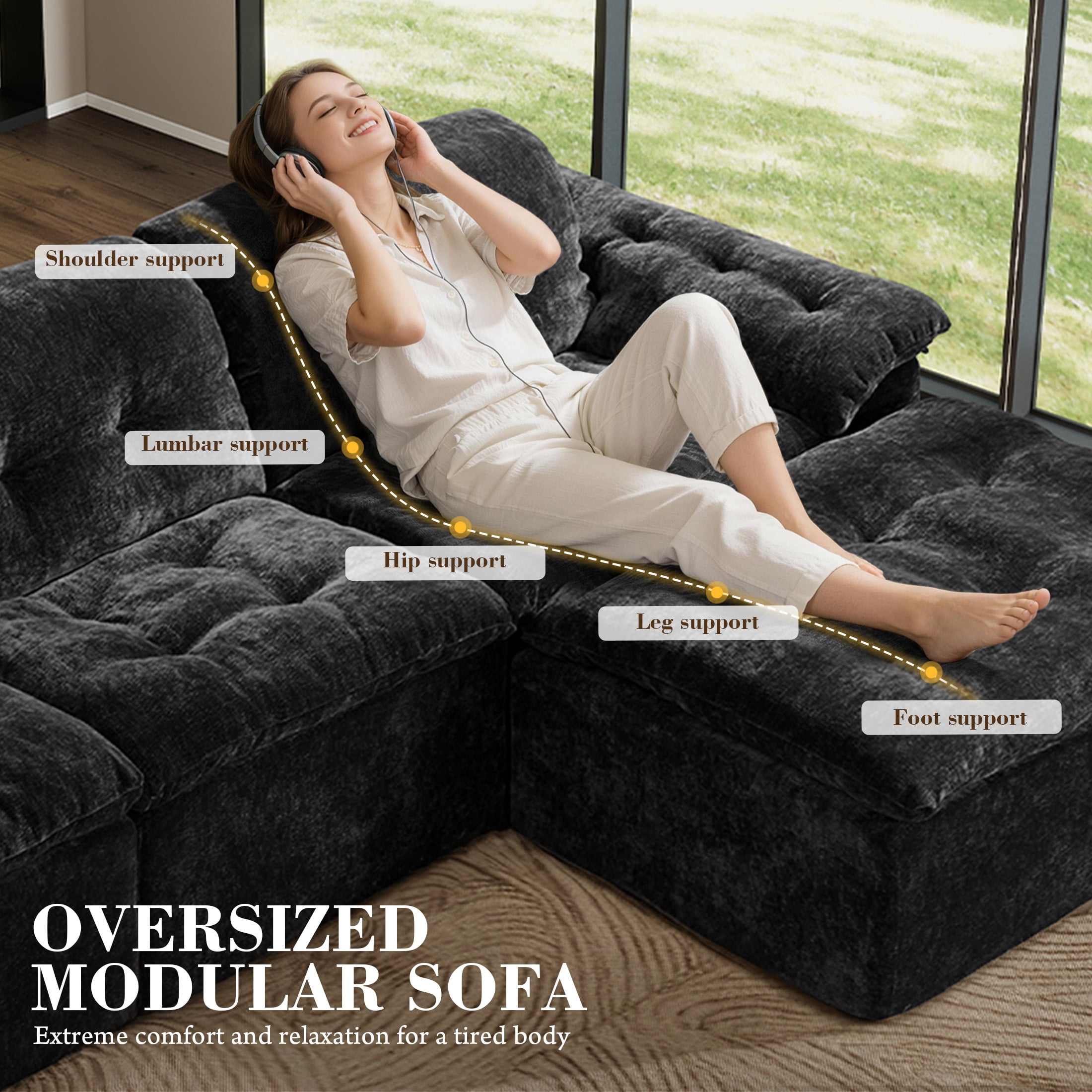 Aukfa 4-Piece L-Shaped Modular Sectional Sofa with Ottoman for Living Room, Ice Flower Chenille, Black