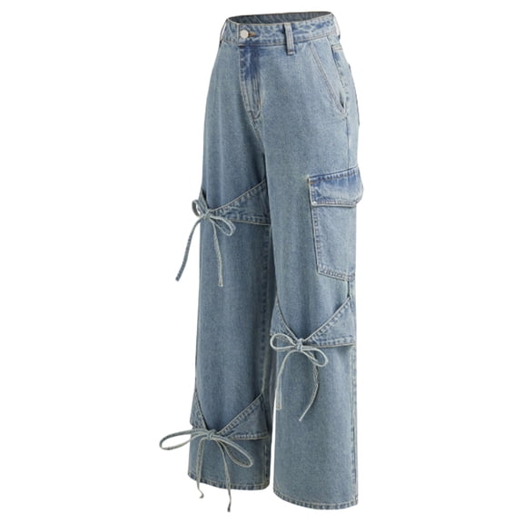 Y2K Tie Baggy Jeans for Women - Wide Straight Leg Denim Pants with Mid Rise Casual Boyfriend Fit Water-Washed Blue S