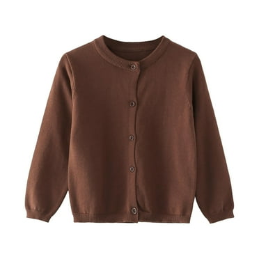 Xudanell Girls Crewneck Cardigan Long Sleeve Children Button Cotton Sweater Uniform Sweaters for Little Girls (Coffee,4-5 Y)
