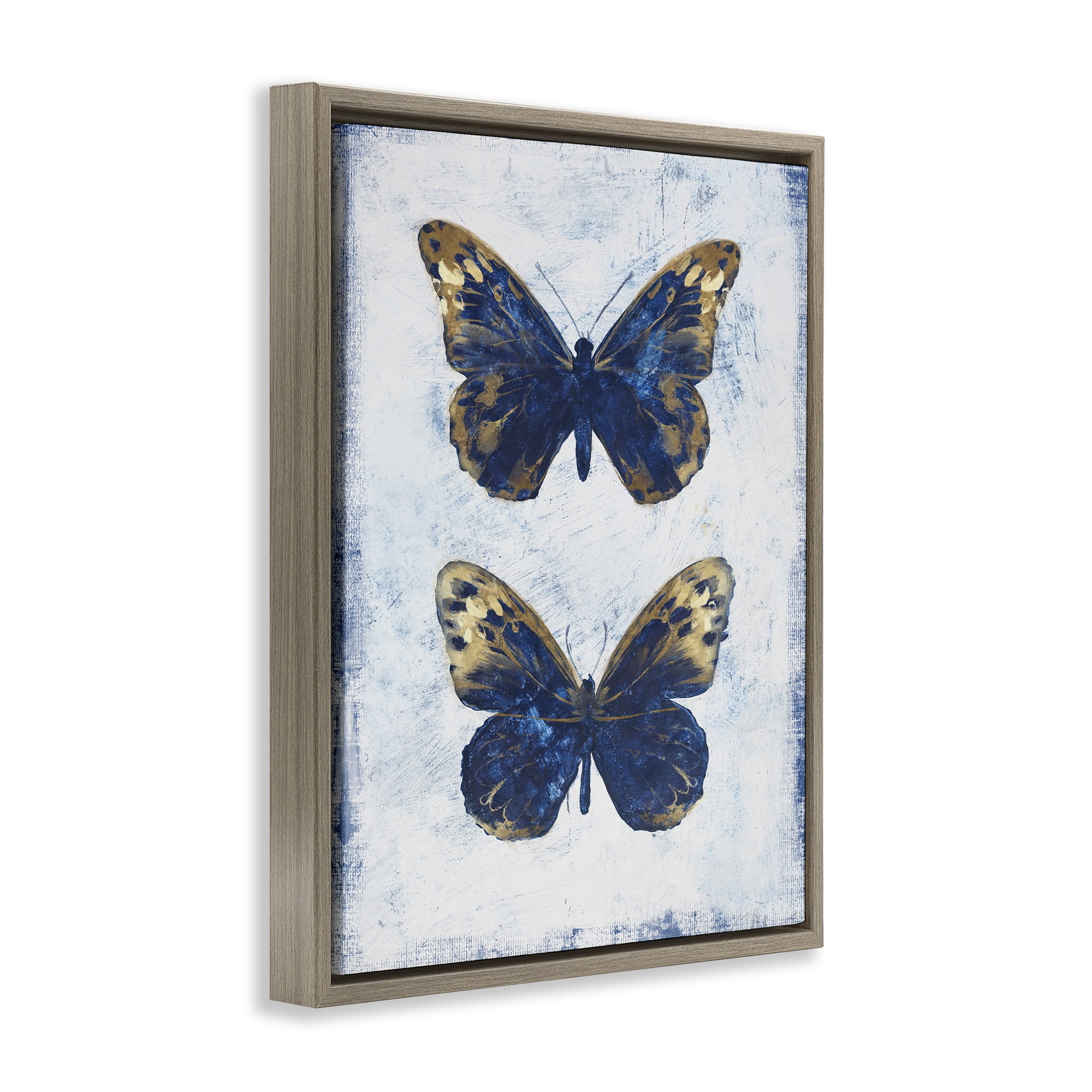 Stupell Industries Gold & Blue Butterfly Animals Painting Brown Floater Framed Canvas Art Print Wall Art, 17 x 21
