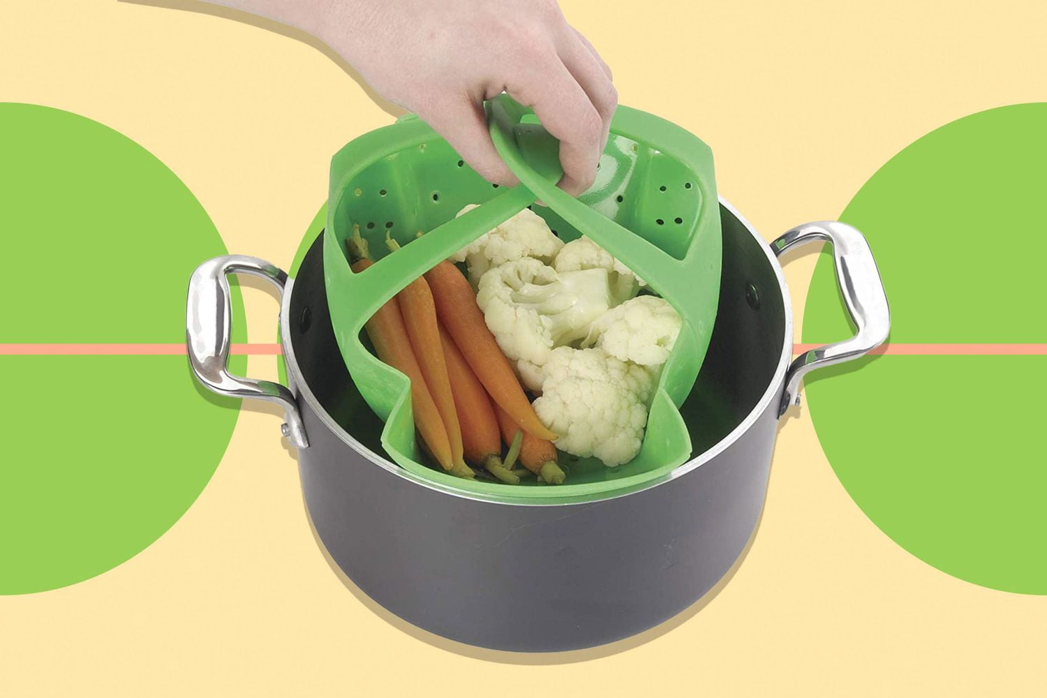 OXO Silicone Pressure Cooker Set – 3 Piece Egg Steamer Basket, Cooking Rack & Rack Handles – Red, Yellow, Green