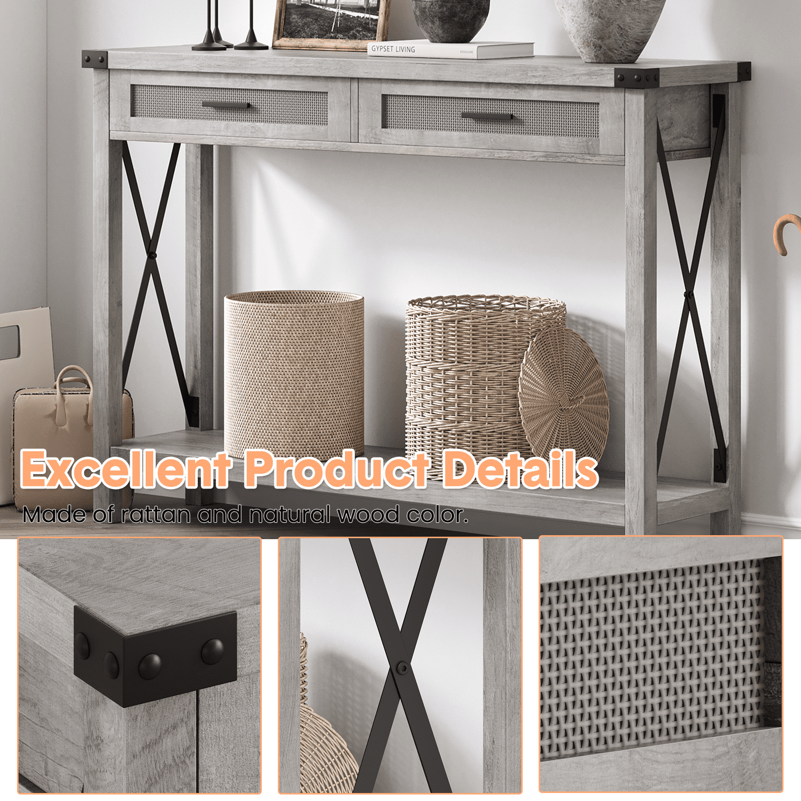 End Table, Console Table Featuring Rattan Drawers, 43 in Sofa Table with Storage, Ideal Console Tables for Entryway, Living Room, Hallway, and Foyer