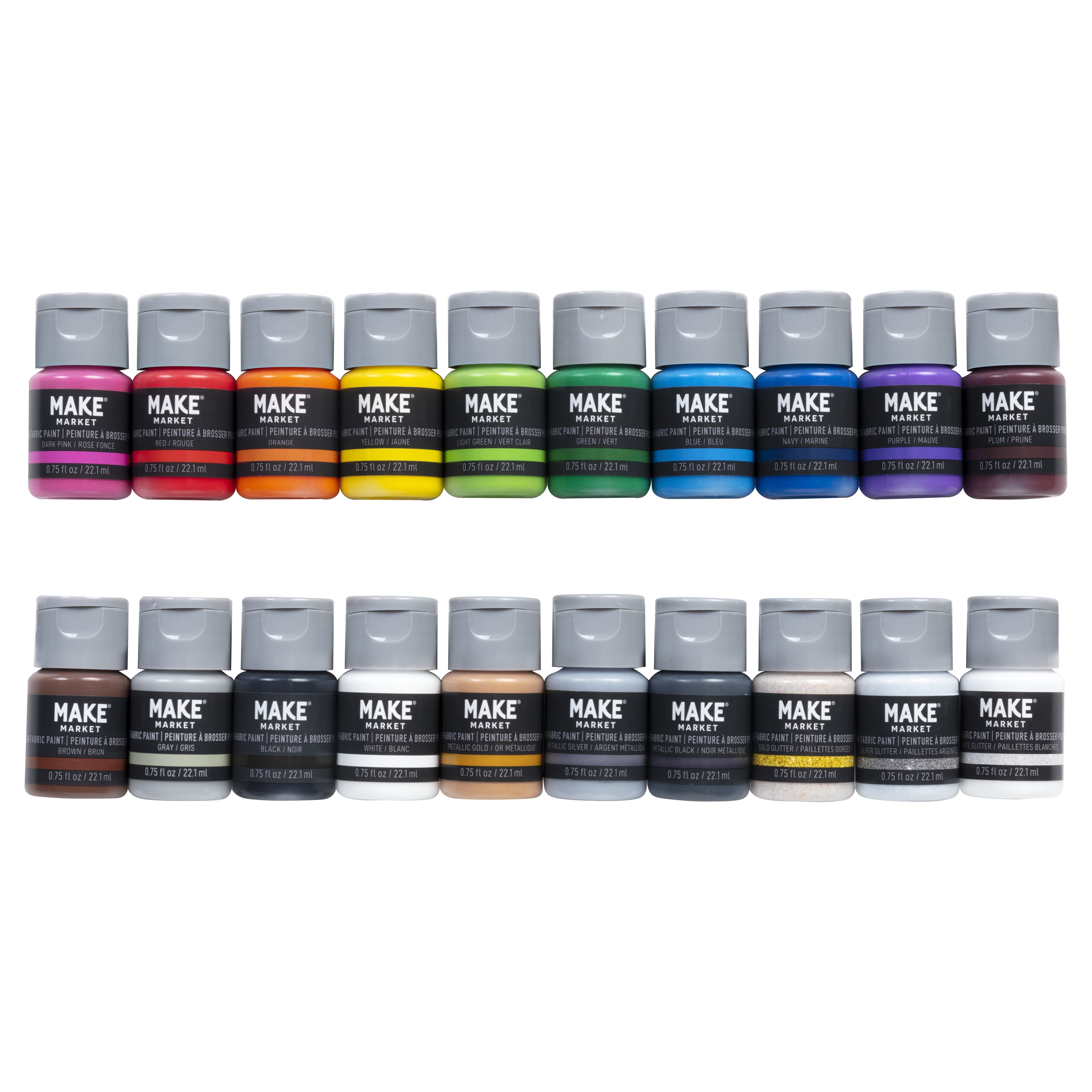 Primary Brush-On Fabric Paint Set by Make Market – Water-Based - Nontoxic - Matte - Metallic & Glitter Colors - 0.75 fl oz Bottles - 6 Packs