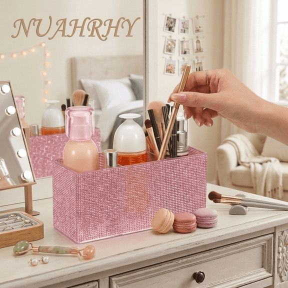 Acrylic Glitter Pen Holder 3 Compartments, Pink Bling Desk Organizer for Makeup Brushes and Office Supplies, 7x3.5x2.5 in