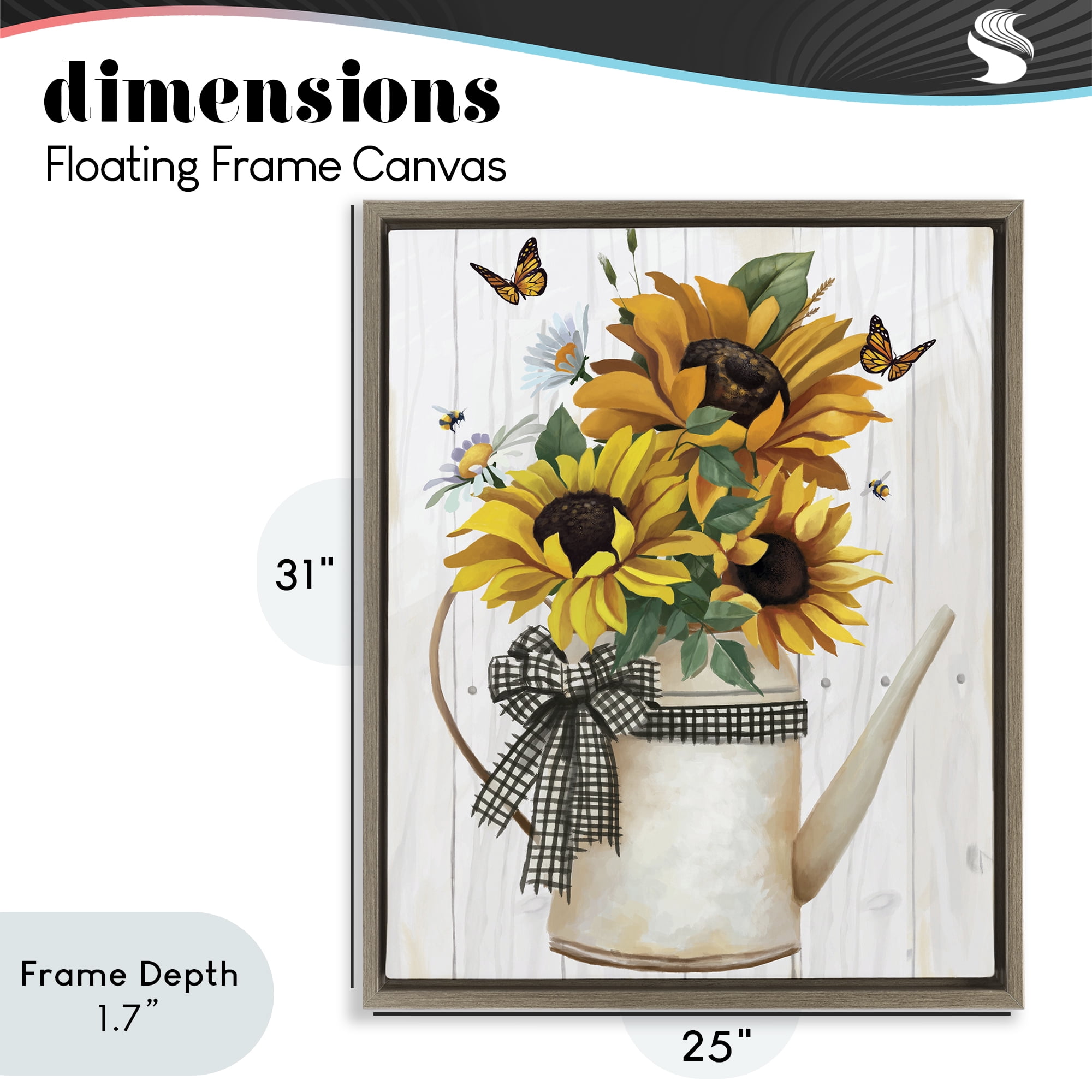 Stupell Industries Sunflower Trio in Watering Can Brown Framed Floater Canvas Wall Art, design by Lucca Sheppard
