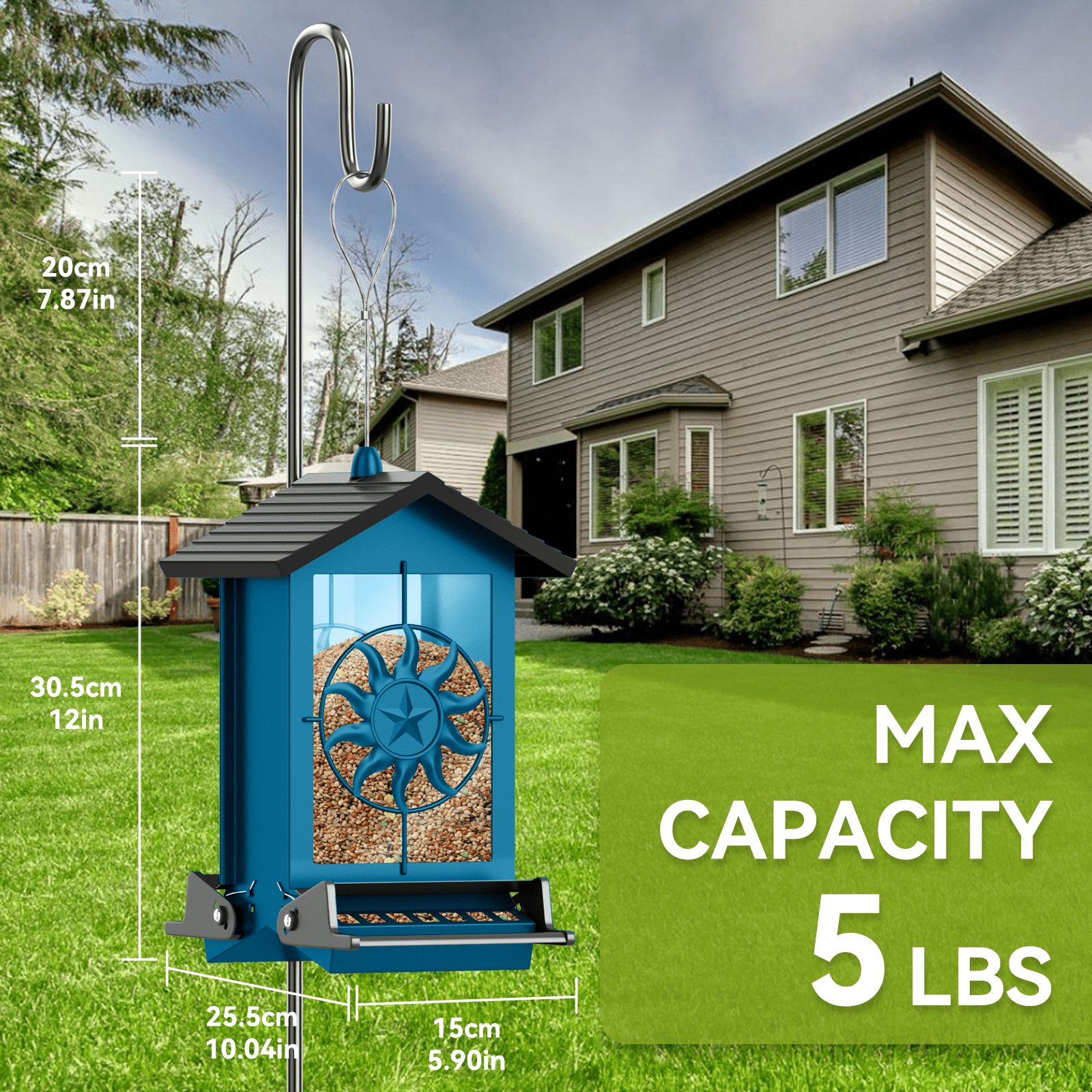 Squirrel Proof Bird Feeder for Outdoors Hanging, Metal Wild Bird Seed Feeder with Bilateral Weight-Activated Perches, 5LB Large Capacity Wild Bird Feeders for Outside Finch, Cardinal, Blue Jay