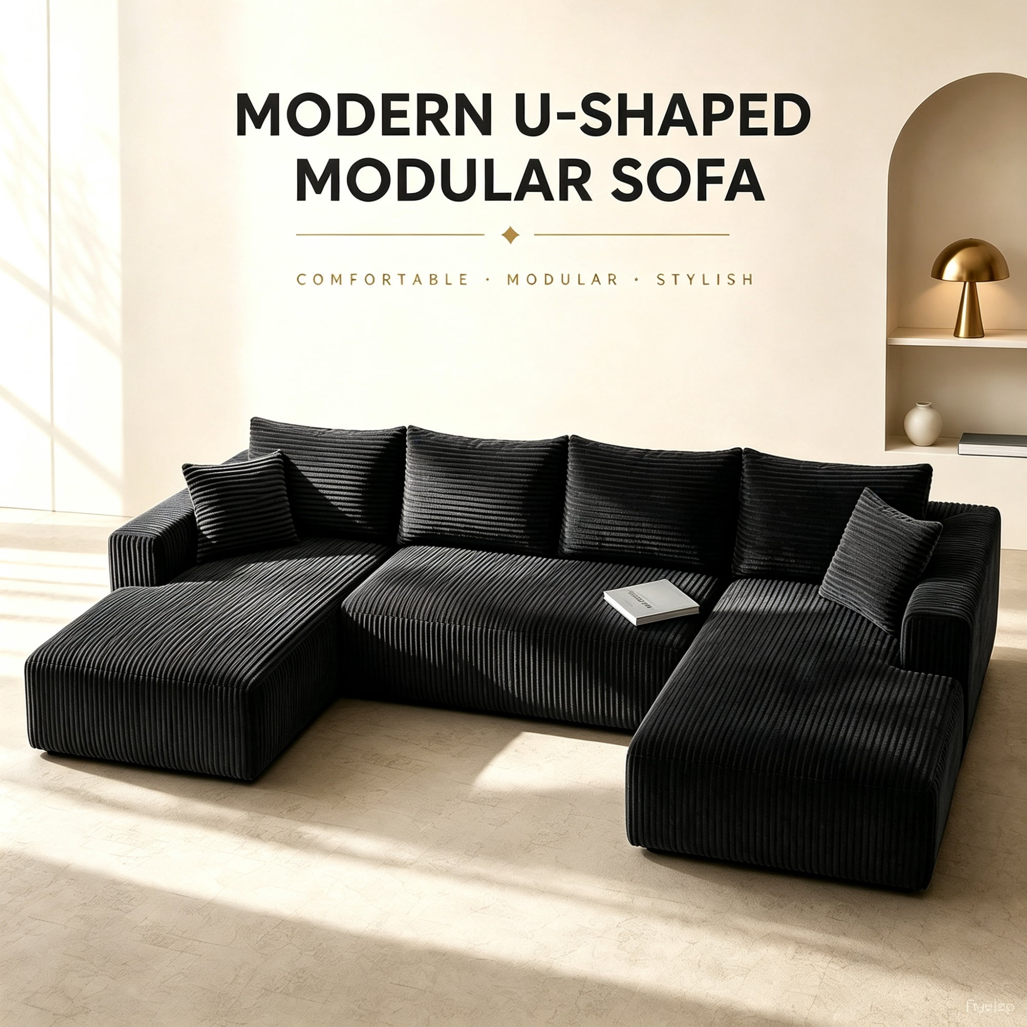 Garitin Modular Sectional Sofa 132 Inch U-Shaped, No Assembly Required Corduroy Couch with Double Chaise and Deep Seat for Living Room Apartment, Black