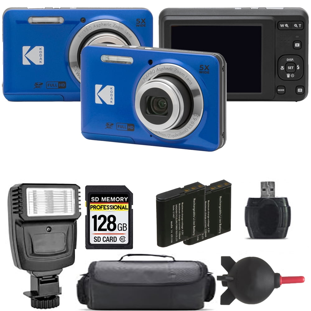 Kodak PIXPRO FZ55 Photo Camera (Blue) with Extra Battery, Flash, and 128GB Kit