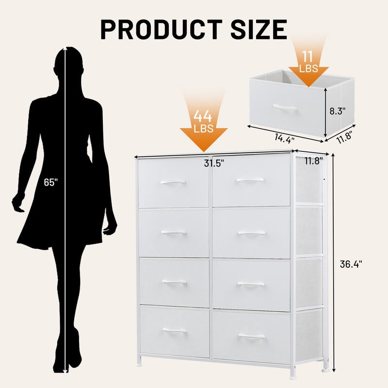 Sybels Storage Dresser with 8 Drawers, Anti-Tip Fabric Chests Organizer Tower Furniturefor Bedroom, Closet, Hallway, Entryway, White