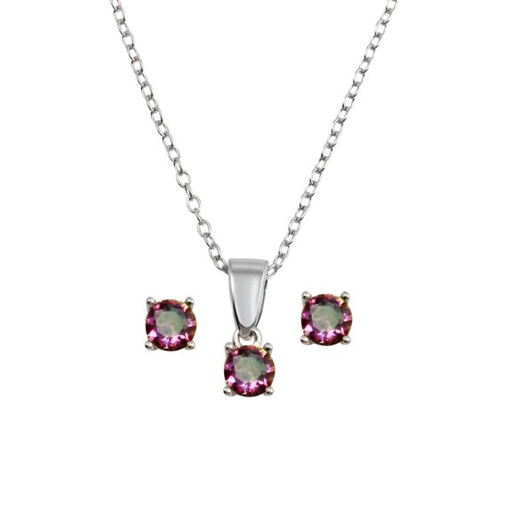 Rainbow Cubic Zirconia Round Earrings Necklace Set Sterling Silver
