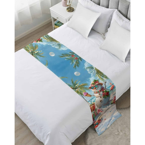 Coastal Christmas Snowman Bed Runner for Twin Size Bed, Beach Xmas Flamingo Bedspread Protector Slipcover Bed Scarf for Foot Bed Runners & Scarves for Bedroom Hotel Wedding Room 71x20 Inches