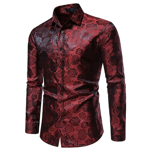Odeerbi Men Turndown Collar Blouse Shirts Long Sleeve Trendy Rose Printed 2025 Casual Button Slim Formal Shirt Black