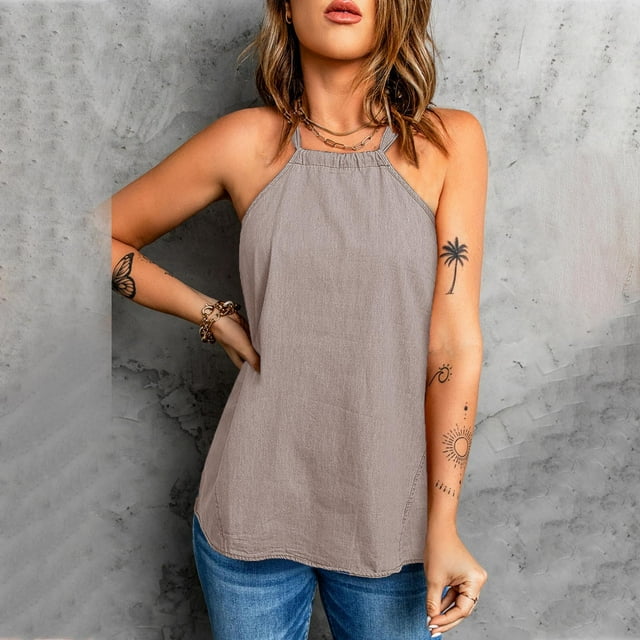LSLJS Débardeurs à Bretelles Spaghetti pour Femmes Débardeurs d'Été Décontractés Sans Manches pour Femmes Col Rond Camisole Unie