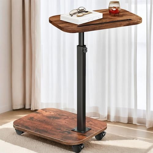 Sofa Tray Table for Couch, Adjustable C Table with Wheels, 360° Swivel TV Tray Table for Small Spaces, Slide-Under Design for Living Room, Bedroom, and Bed