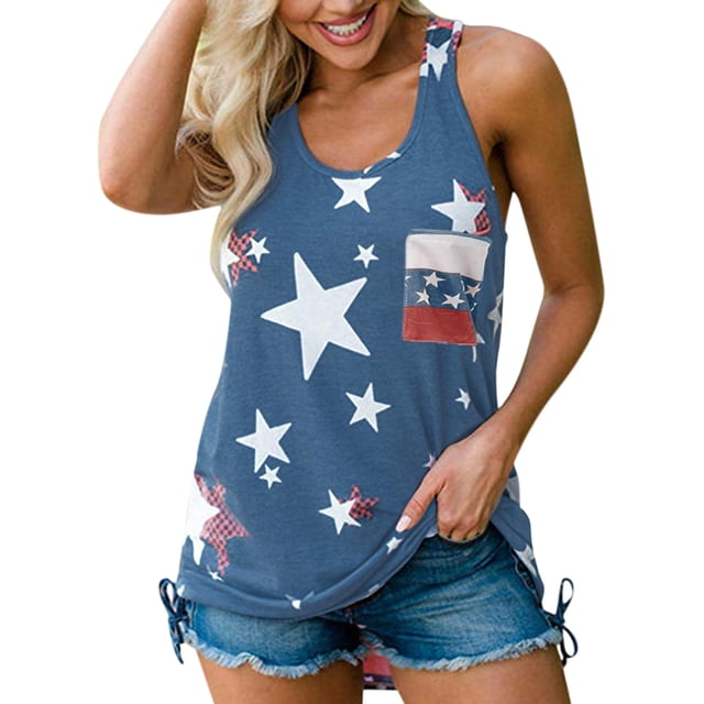 Playeras,Blusas y Tops,Ropa para Mujer Camisetas de tirantes Camiseta sin mangas con estampado de bandera americana y rayas patrióticas para mujer (Blue, M)