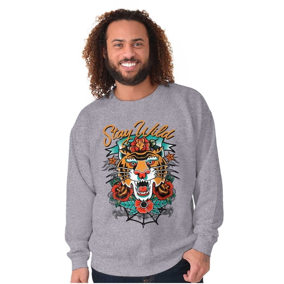 Stay Wild Tiger Head Rose Tattoo Unisex Plus Fleece Graphic Sweatshirt Brisco Brands 2X