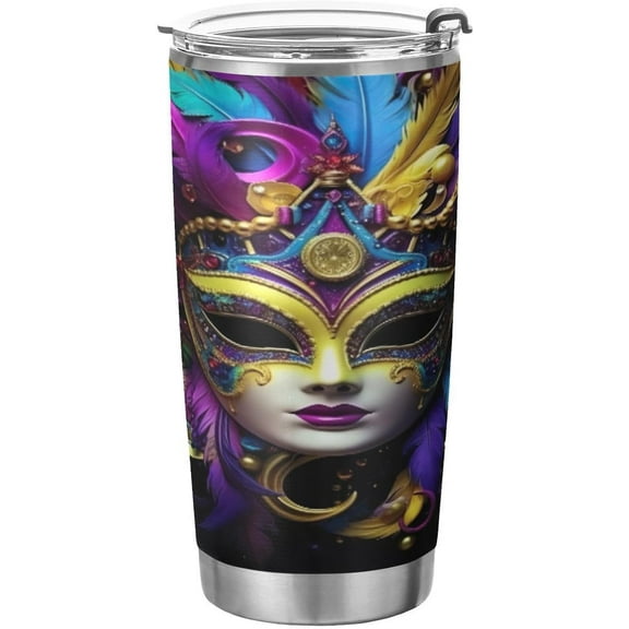 SKYSONIC Mardi Gras Tumbler Stainless Steel Double Wall Vacuum Reusable Insulated Mug with Straw and Built-in Coaste for Cold and Hot Beverages, 20oz