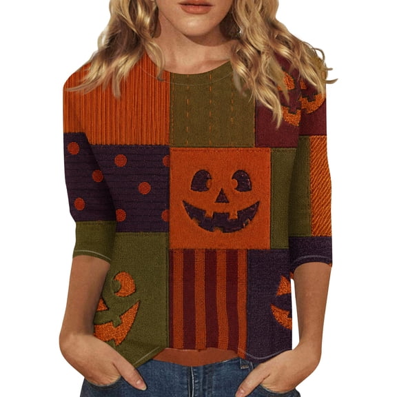 Womens Shirts Halloween Funny 3/4 Sleeve Tops Horror Pumpkin Face Printed T Shirts Spooky Round Neck Pullover Holiday Three Quarter Length Blouses, L