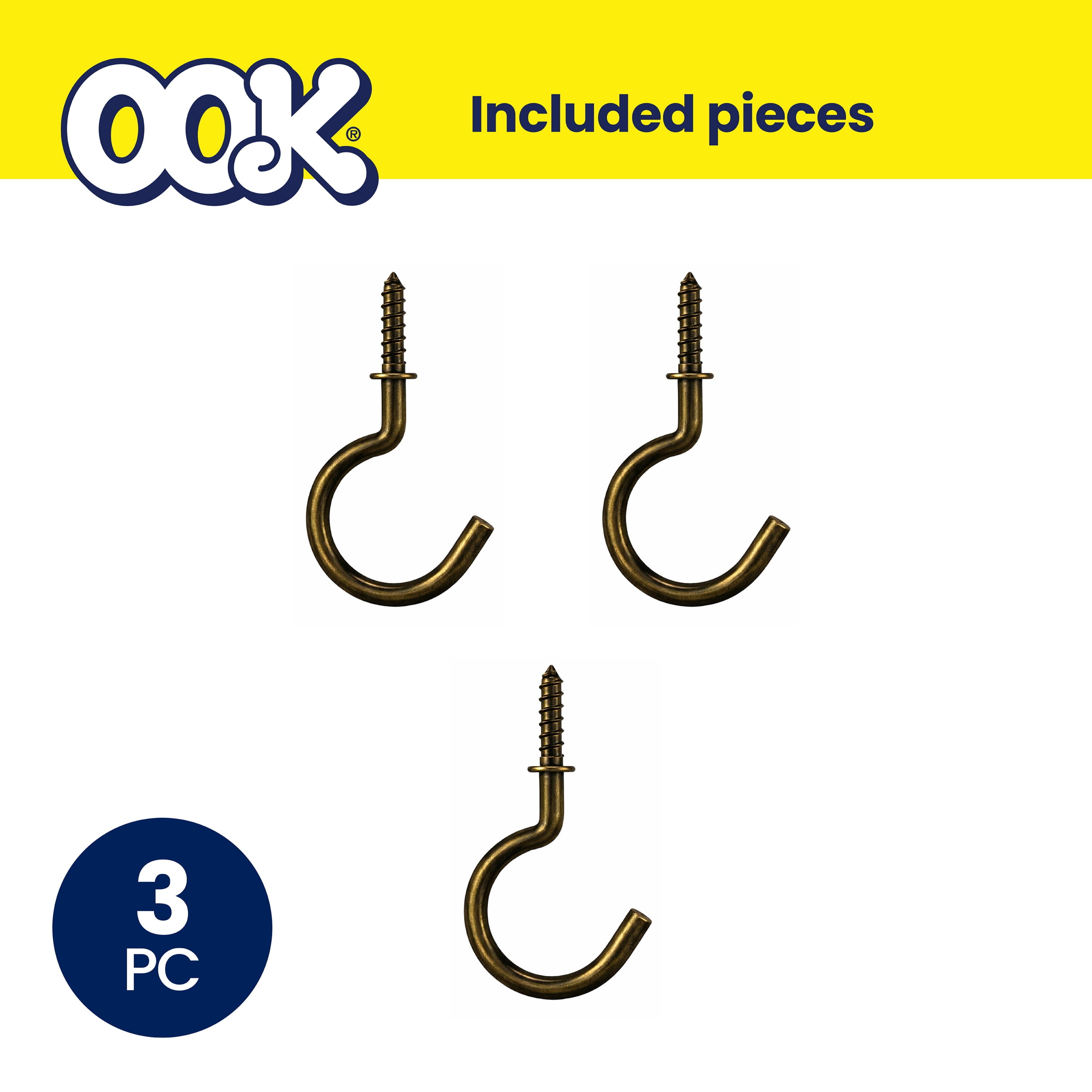 (3 pack) Ook Cup Hooks, 1-1/4", 1 lbs, Screw Hooks, Steel, Antique Brass, Gold, 3 pack