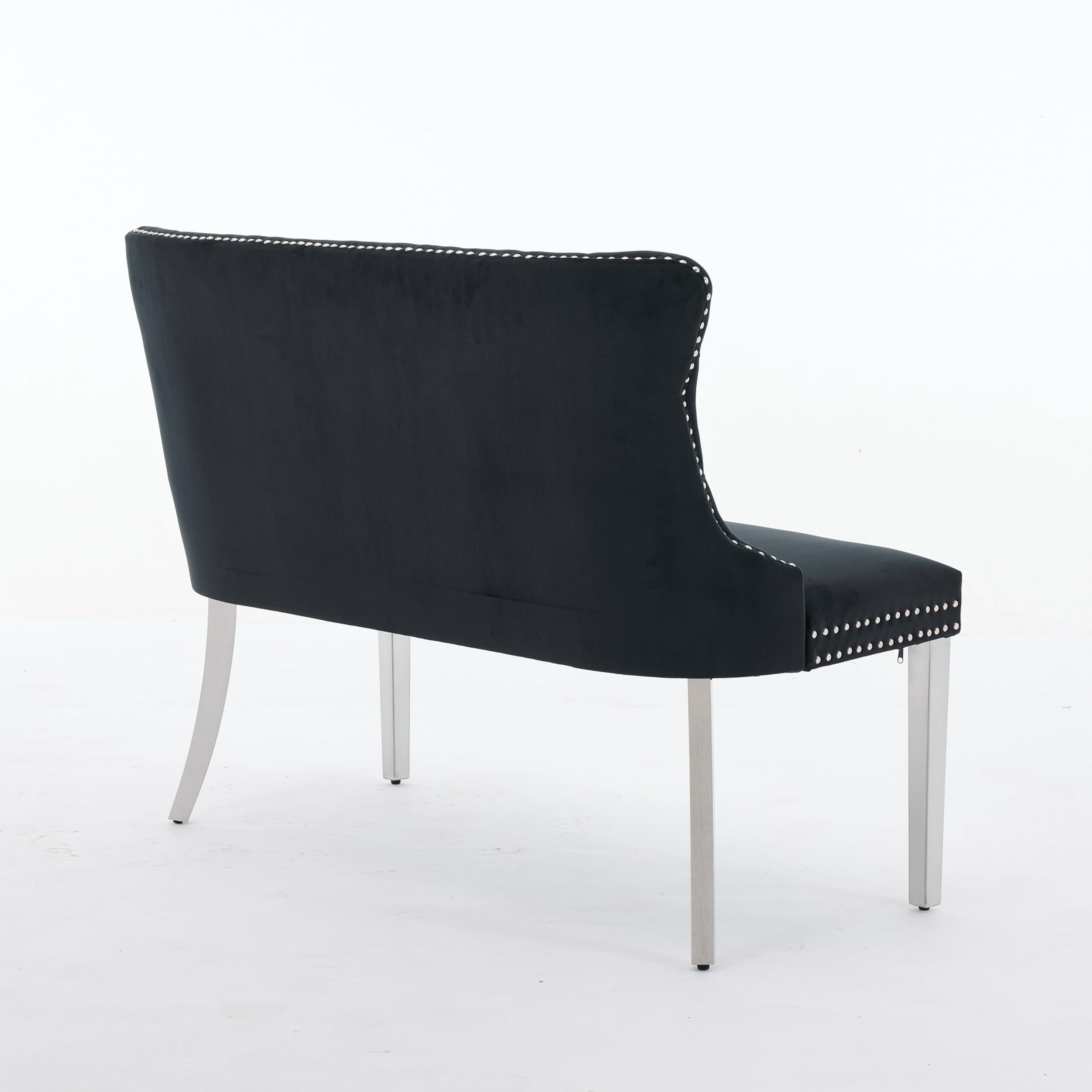 Velvet Double Dining Loveseat Bench, Black 2-Seat Tufted Wing Back with Brushed Silver Stainless Steel Legs, Mid Century Modern Kitchen & Dining Seating
