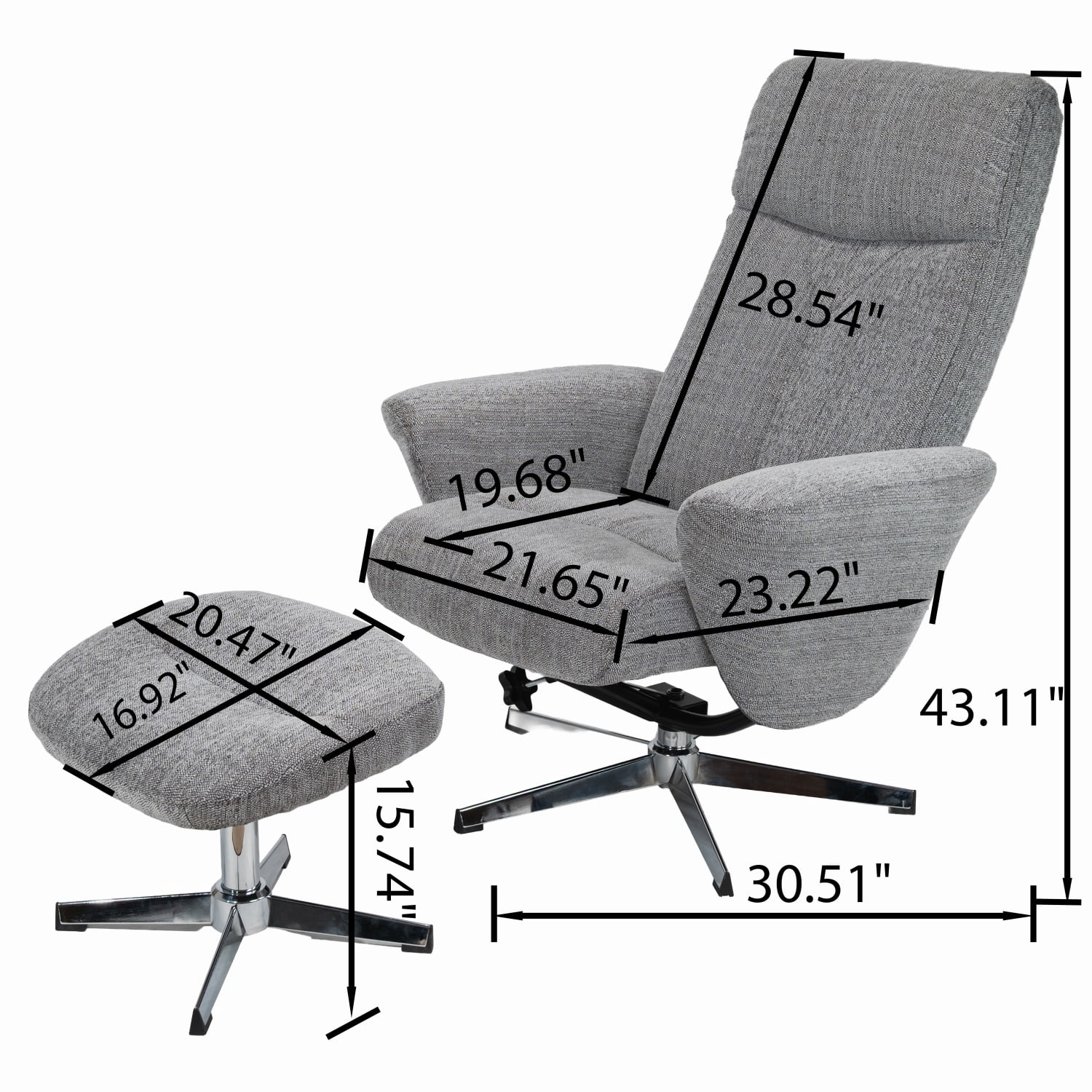 Hommoo Chenille Upholstered Manual Recliner with Ottoman Chair, Modern Swivel Armchair Ergonomic Push Reclining Footrest, Light Grey