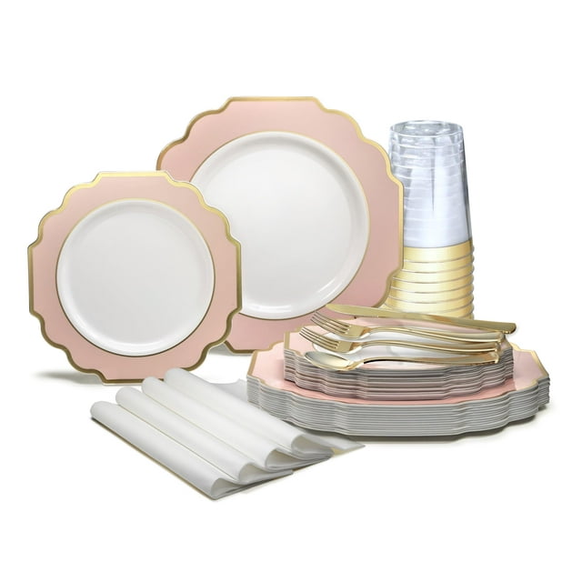 " OCCASIONS " 320 Piece set (40 Guests)-Heavyweight Wedding Party Disposable Plastic Plate Set - 40 x 10.5'' + 40 x 8'' + Silverware + Cups + Napkins (Imperial in Blush Pink & Gold)