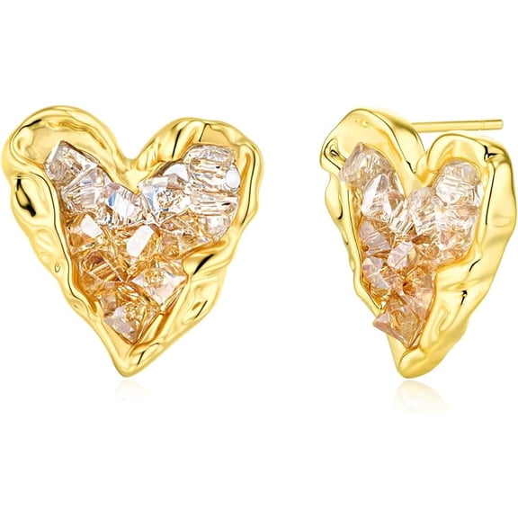 SNGIA Heart Stud Earrings for Women, 14K Gold Plated Pink Crystal Cluster Earrings