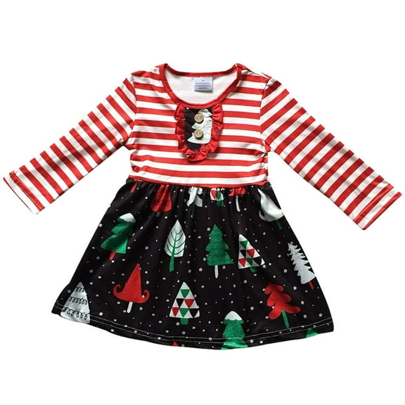 Little Girl Dress Kids Christmas Tree Stripe Holiday Party Flower Girl Dress Red Black 2T XS (202053)