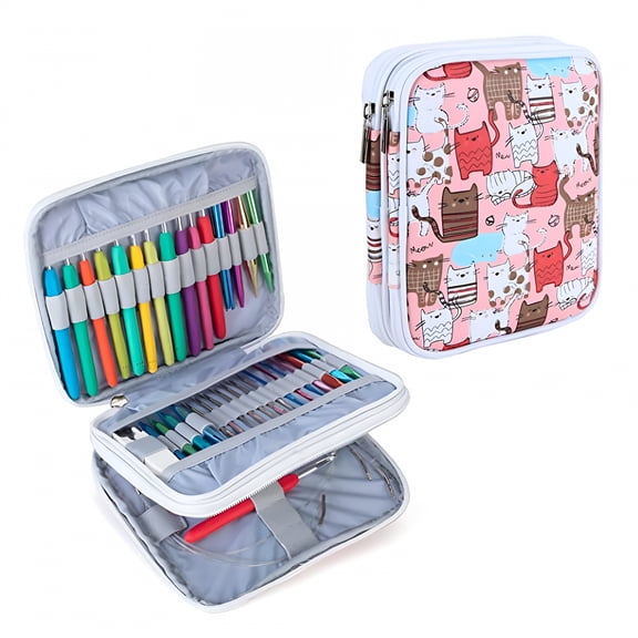 LAMIRO Knitting Crochet Hook Case Empty Organizer,Portable Travel Crochet Hooks with Web & Crochet Holder Slots - Colorful Cat