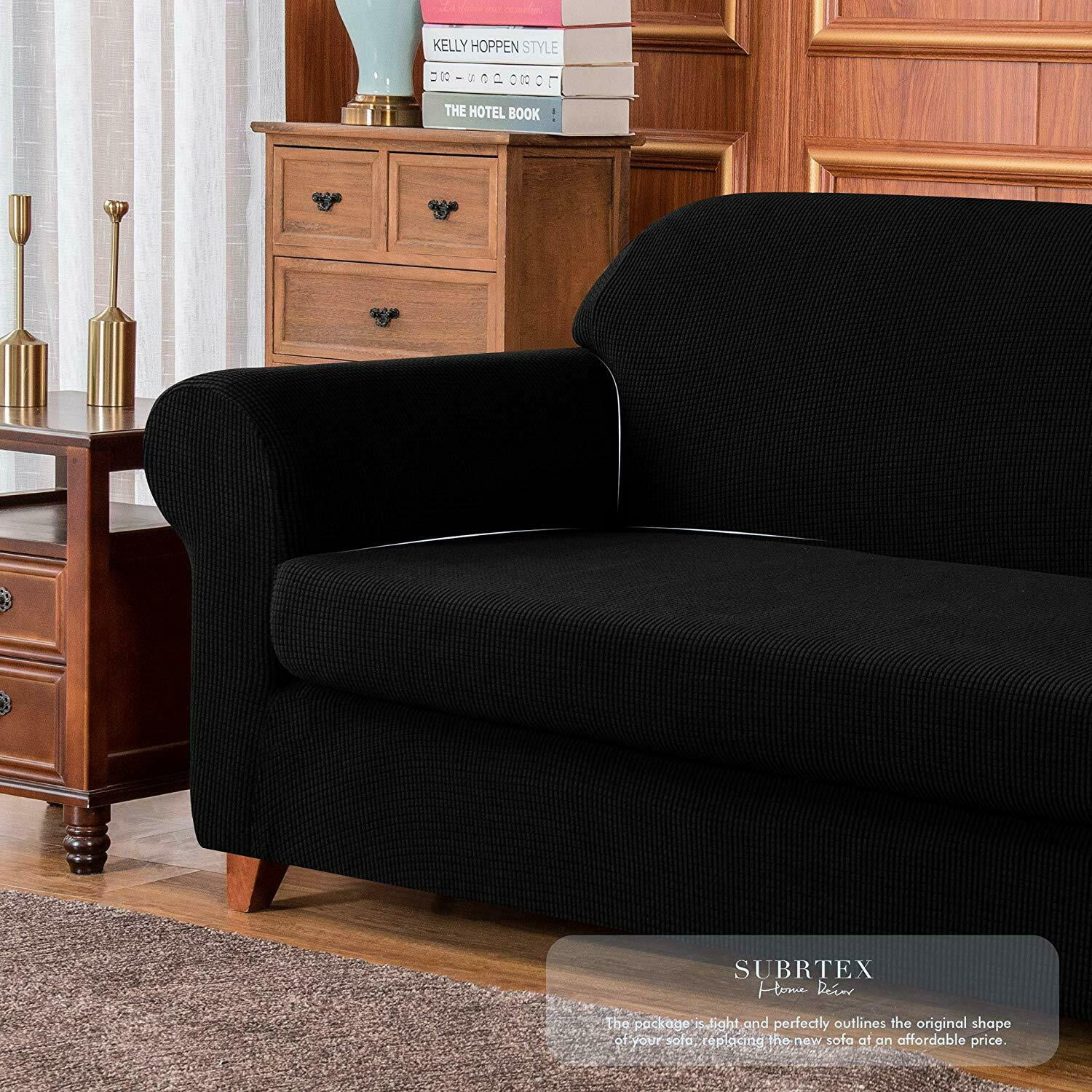 Subrtex Stretch 2-Piece Textured Grid Sofa Slipcover Jacquard Non Slip Couch Cover (Black, Armchair)