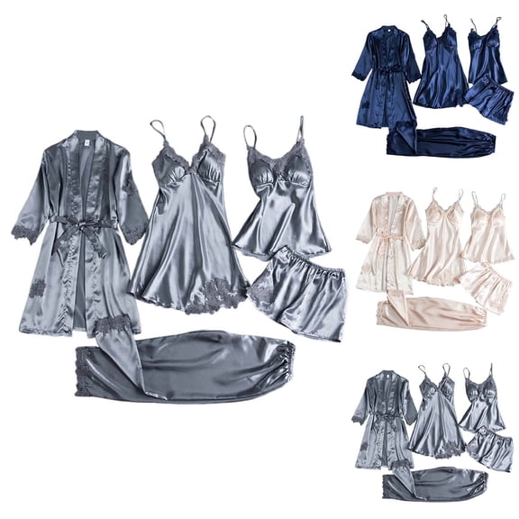MuXiKeJi Clothes Silk Pajamas For Women Set With Robe Satin 5pcs Floral Lace Cami Sleepwear Pajamas Dress Nightdress Nightwear