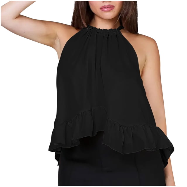 Sleeveless Top for Women, Non-Positioning Printed Loose Fit with Ruffle Hem and Halter Back Tie Design, Black S