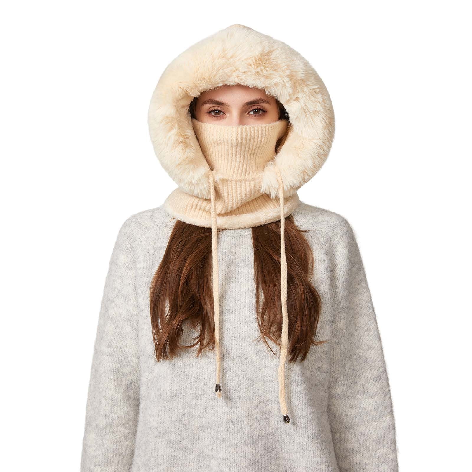 YZEGDCH Khai Women One Piece Slouchy Fleece Thicken Beanie Winter Hats Scarf Mask Drawstring Warm Hooded Winter Balaclava Pullover Knitted Winter Hat, Birthday Valentines Gift for Women