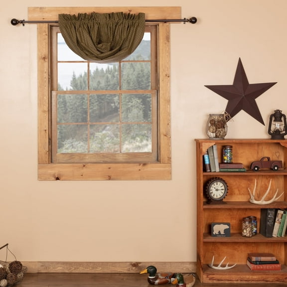 VHC Brands Tea Cabin Green Plaid Balloon Valance 15x60 Country Rustic Curtains, Moss Green