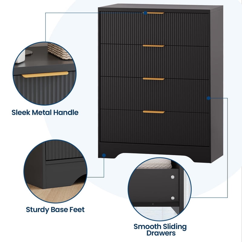 TROPOW 4 Drawers Dresser for Bedroom, Fluted Dresser Chest of Drawers with Handle, Wood Modern Dressers for Closet, Bedroom Furniture Storage Organizer for Living Room, Hallway
