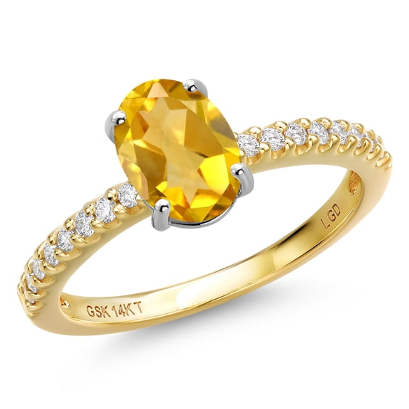 Gem Stone King 14K Two Tone Gold Yellow Citrine and Lab Grown Diamond Engagement Ring for Women | 1.46 Cttw | Oval 8X6MM | Gemstone November Birthstone | Size 6