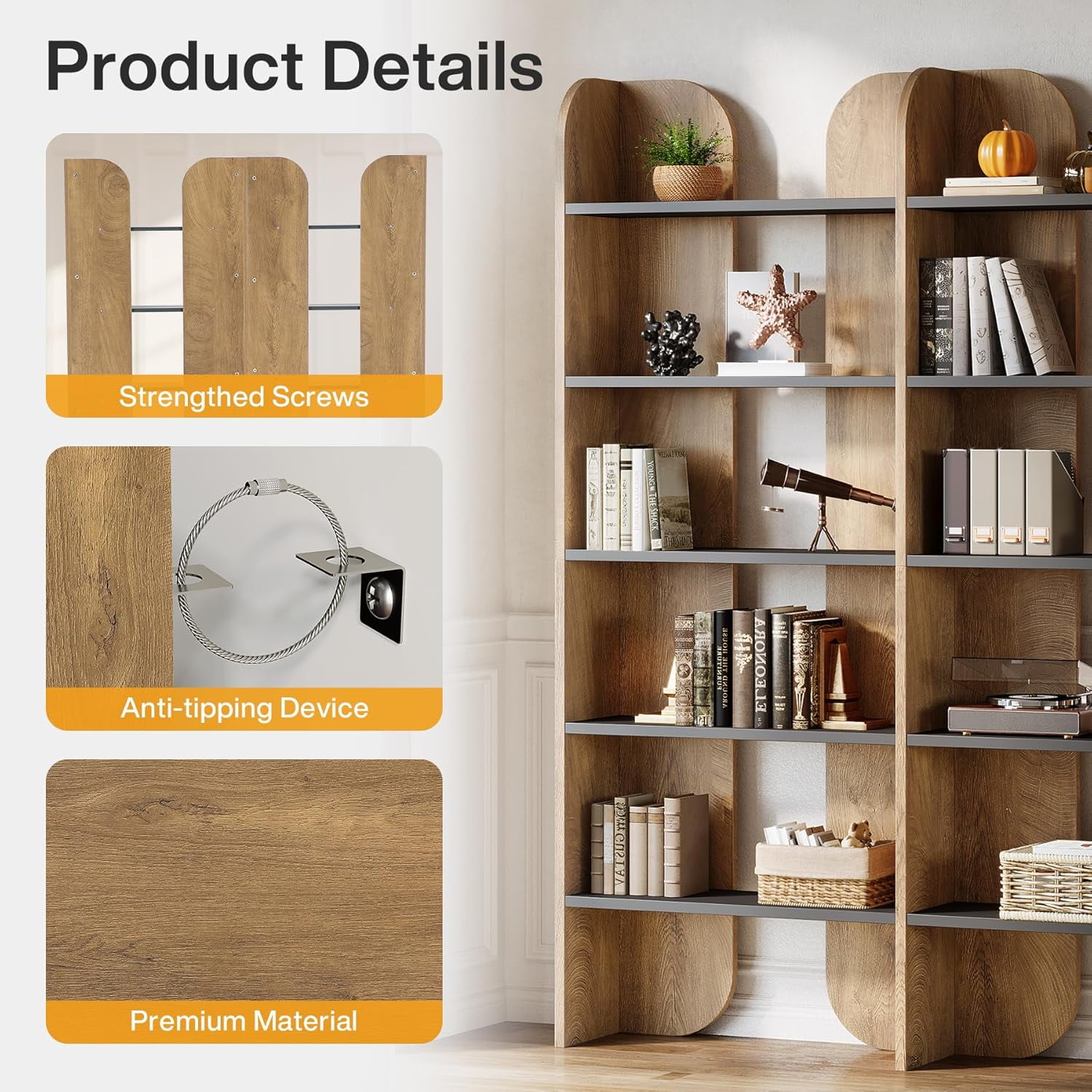 Tribesigns 5-Tier Farmhouse Bookshelf, 70.87-Inch Tall Double Wide Bookcase with Open Shelves